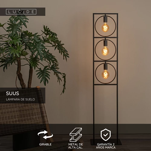 Lucide SUUS - Lámpara de suelo - 3xE27 - Negro - USP